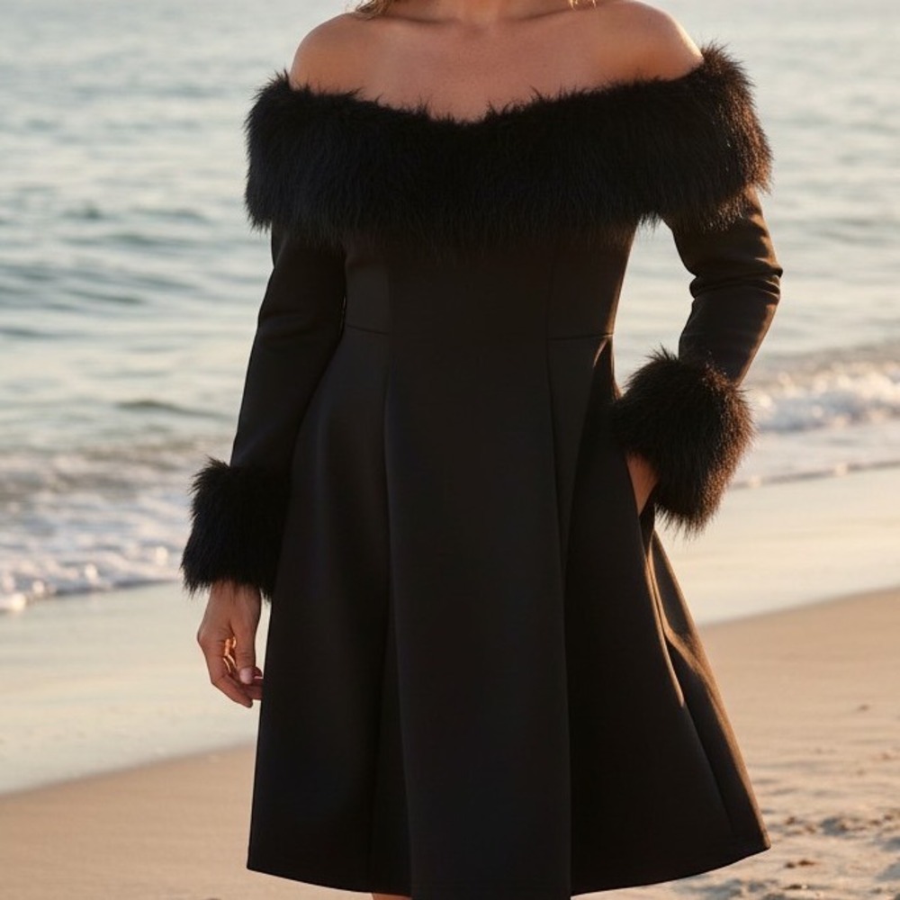 Black Off the Shoulder Faux Fur Trim A-Line Mini Dress with Pockets Long Sleeve